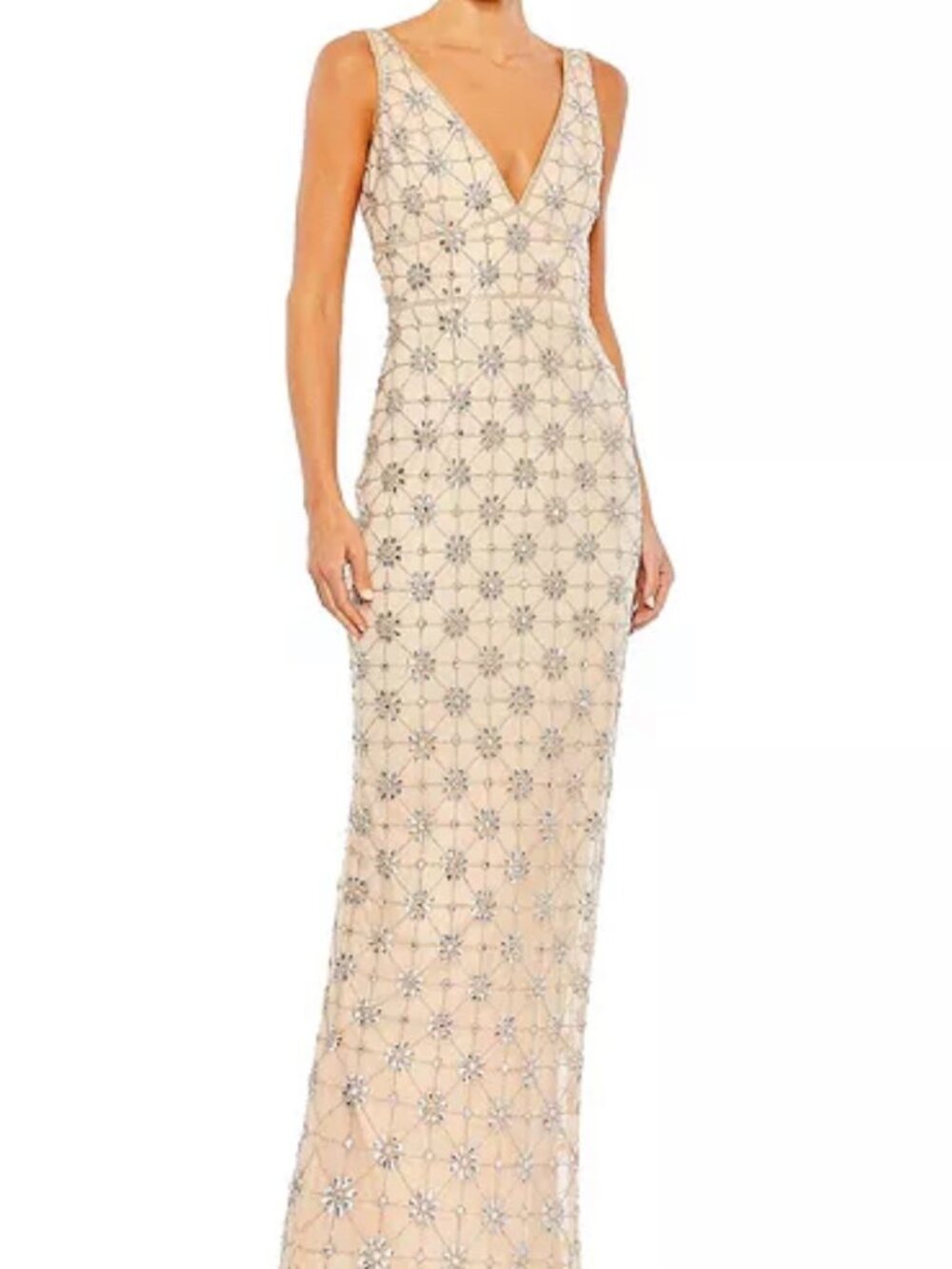 Mac Duggal Nude Silver Sleeveless Hand Beaded V-Neck Gown NWT sz12